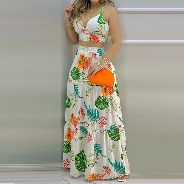 

summer colorful printed skirt set suspender long skirt beach holiday style v-neck lace up women 2 peice set dress set 210521, White