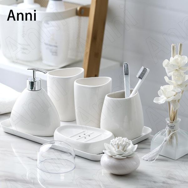 

bath accessory set creativity solid color ceramic bathroom european minimalist white five piece household shower accessories with tray