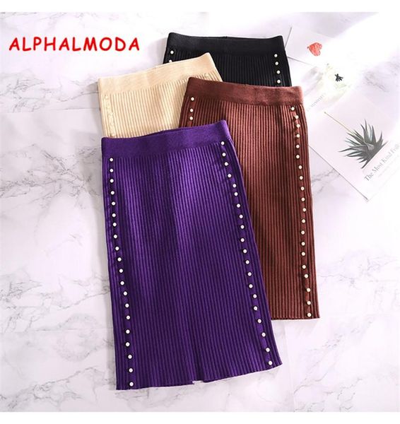 

skirts alphalmoda 2021 autumn winter beaded knitted back fork wrap hip women fashion knit pencil skirt solid color, Black