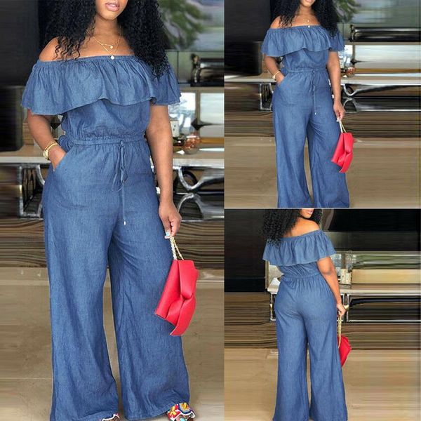 

women's jumpsuits & rompers plus size and for women off shoulder denim jeans look long party club playsuits overalls, Black;white