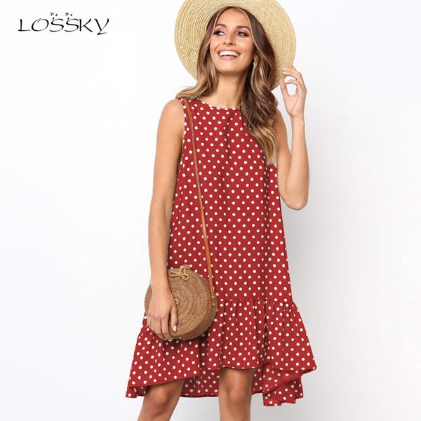 

lossky women summer dress polka dot chiffon sleeveless beach mini casual yellow sundress 2021 fashion plus size dress for women, Black;gray