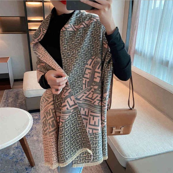 

design air conditioning shawl 2021 new imitation cashmere winter geometric scarf women's warm short beard tassel thickened bib, Blue;gray