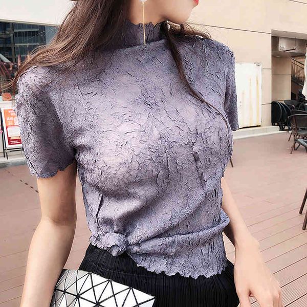 

basic summer short sleeve bts tshirt miyake plissado woman high qulity light luxury aesthetic clothes 5250, White