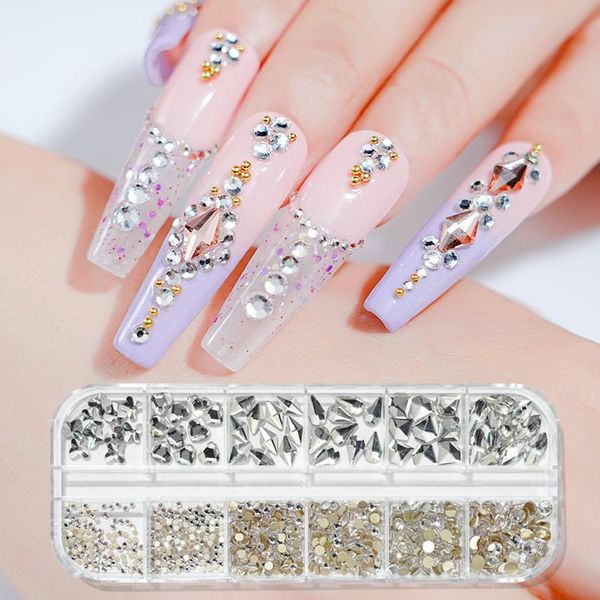 

nail art decorations 12girds box 3d multi size ab/colorful fix rhinestones flatback crystal diamond gems glitter luxurious tips stones&*&, Silver;gold