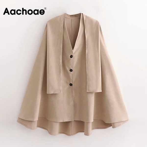 

2021 autumn winter loose casual cape coat women chic v neck single breasted outerwear ladies fashion khaki long cloak, Black;white