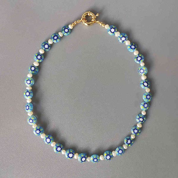 Frauen Böhmische blaue Blume Muster Perlen Perlen Halskette Süßwasser Perle Nähte Design Mode Charme Hals Zubehör 2020