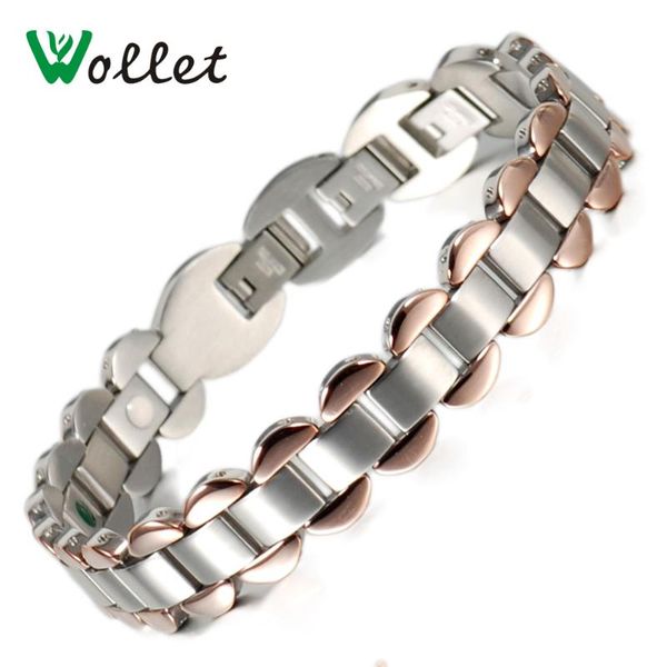 

wollet men's 13mm rose gold color health germanium tourmaline bracelet stainless steel energy bracelets bangles for women link, chain, Black