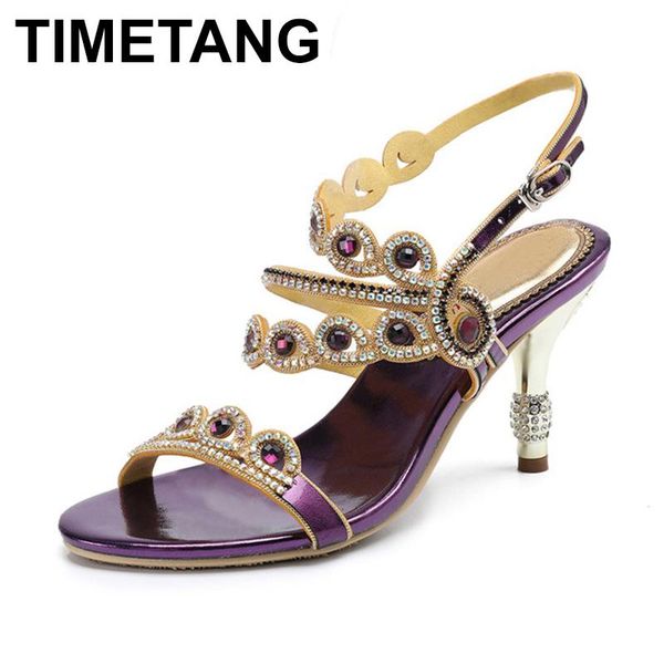 

timetangwomen slim high heels crystal open toe genuine leather sandals lady peep rhinestone buckle summer shoese1080, Black