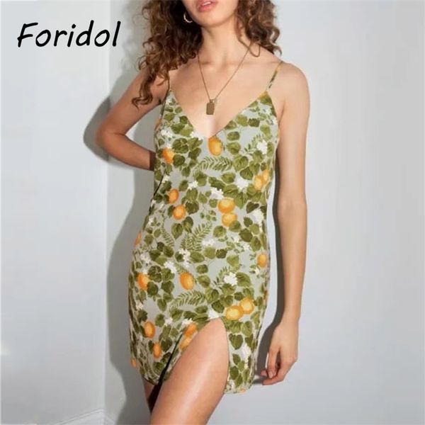

fruit print boho summer slit dress women spaghetti strap green short mini beach v neck backless bodycon slip 210427, Black;gray