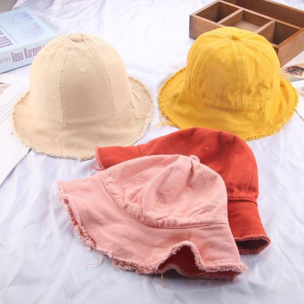 

cloches vintage washed fringed tassels wide brim hip hop toddler baby cotton sunscreen floppy bucket cap solid color kids fisherman hat, Blue;gray