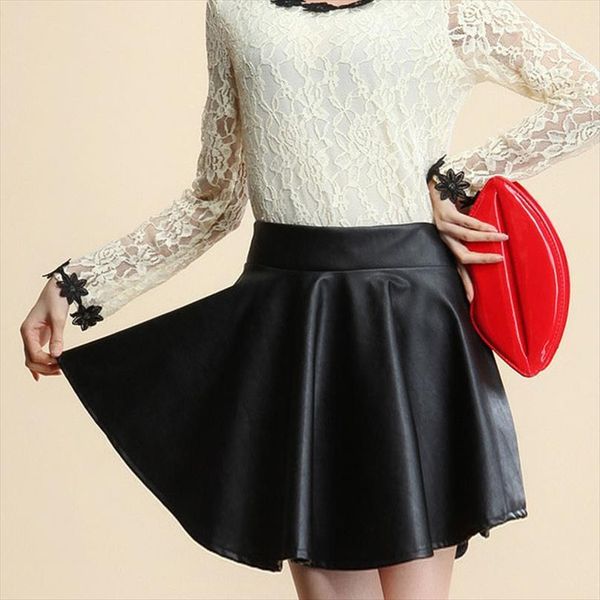 

pleated faux leather vintageelastic women skirts high waist skater flared stretch black wine red mini skirt girls