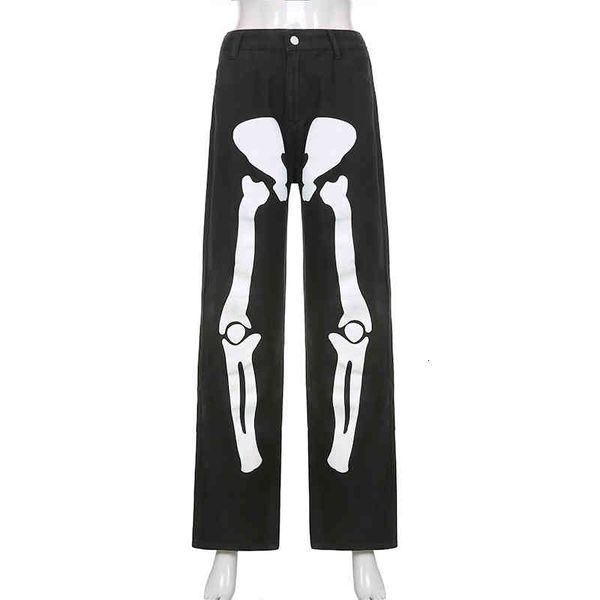

men's jeans punk grunge skeleton print y2k pants denim men loose baggy streetwear high waist cargo trousers vintage clothes uuug, Blue