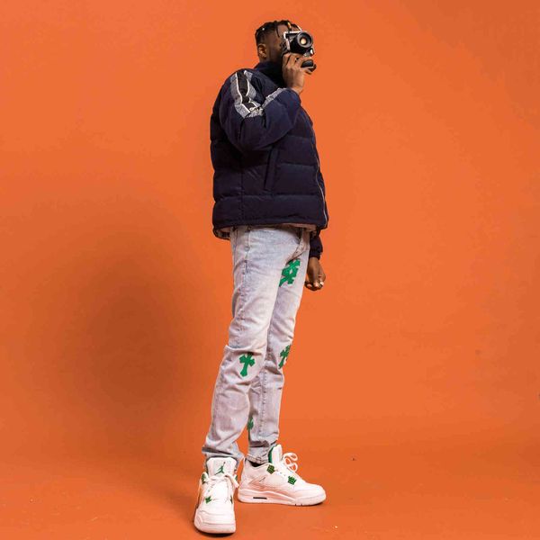 

jeans high street brand washing water used light blue cross color embroidered leather hip hop slim fit men