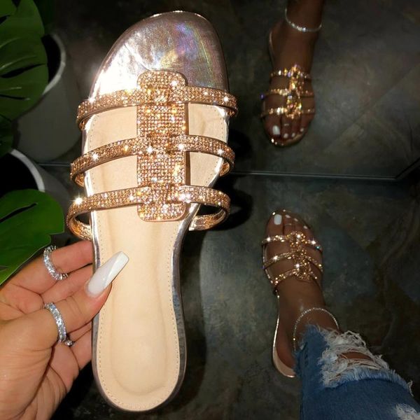 

women shoes 2021 summer ladies fashion casual plus-size flat retro slippers crystal open toe roman flip flops, Black
