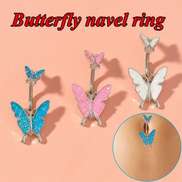 

navel bell button ring creative butterfly piercing jewelry stainless steel belly button ring crystal sequin punk nightclub body accessories, Silver