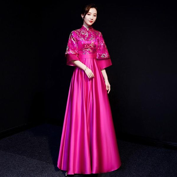 

ethnic clothing flower&dragon embroidery cheongsam puff sleeve mandarin collar qipao pink pleated party dress gown vintage button vestidos, Red