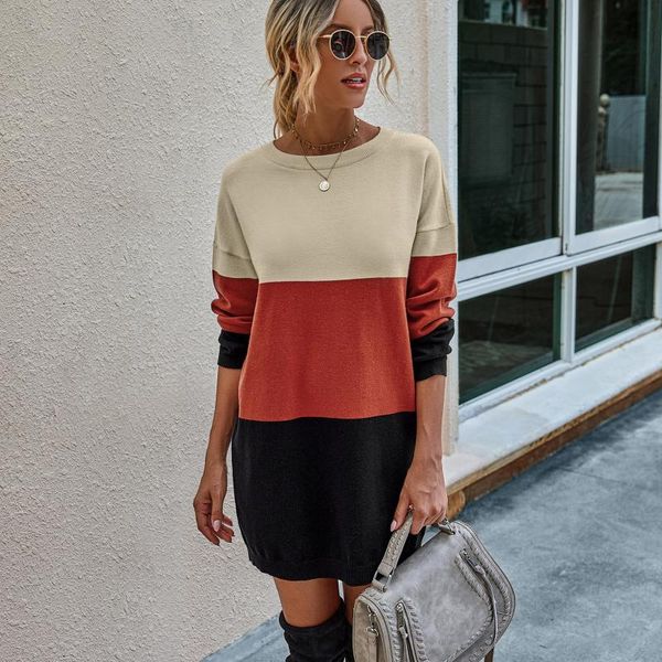 

casual dresses autumn winter women knitted color matching patchwork long sleeve round neck loose sweater paty mini dress vestidos#g3, Black;gray