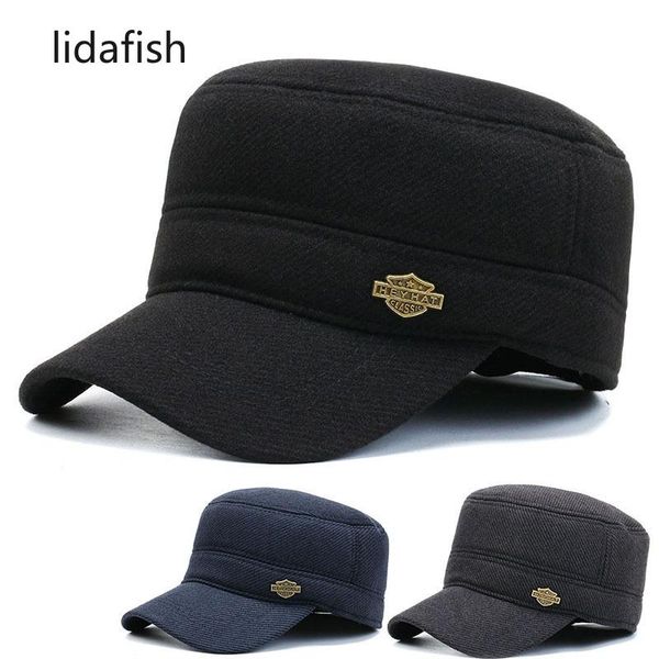 

wide brim hats lidafish thermal ear protection military hat adjustable size cotton flat cap fashion men leisure sports snapback caps, Blue;gray