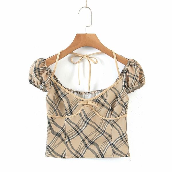 

women's t-shirt women square collar blouse 2021 summer fashion ladies high street female check lace short doth, White