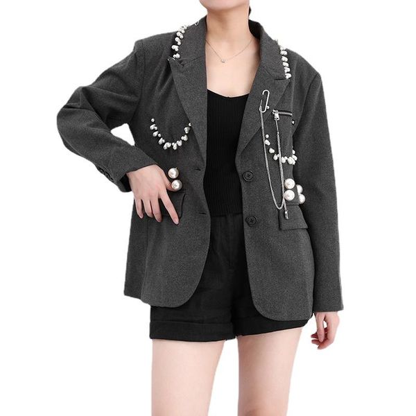 

women's suits & blazers gray pearl chain single breasted women elegant ew lapel long sleeve loose jacket fashion spring autumn 2021 bla, White;black