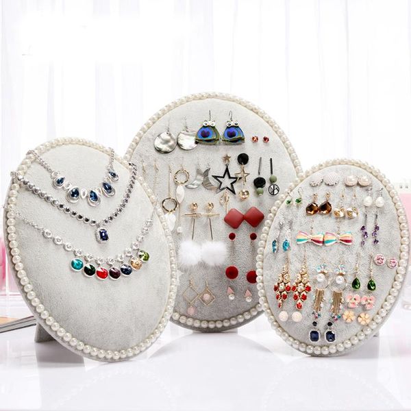 

jewelry pouches, bags display earring necklace holder oval shape gray velvet pearl, Pink;blue