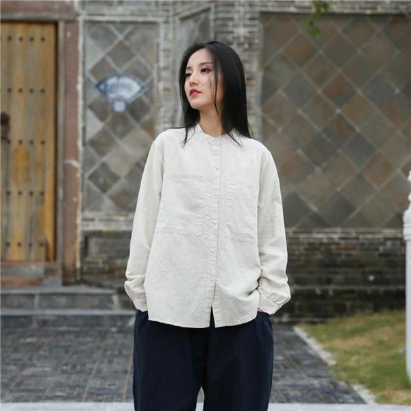 

johnature leisure stand pockets single breasted long sleeve cardigan shirt autumn cotton linen comfortable women 210521, White