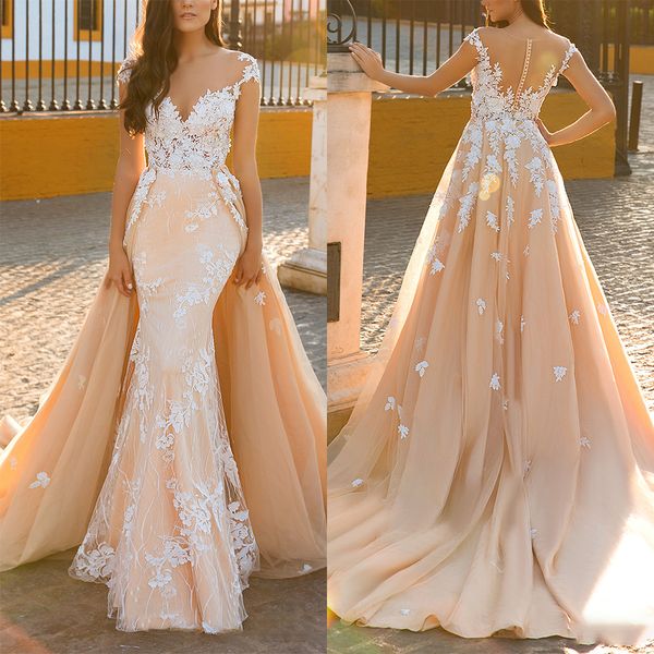 Vestidos de casamento lindos de laço de sereia com vestido de casamento de cauda mopping apliquejados plus size nupcial