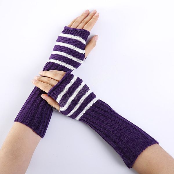 

knitted long gloves women warm striped fingerless mittens half-finger wrist sleeves hand warmer guantes christmas gifts, Blue;gray