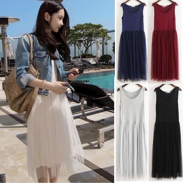 

casual dresses women patchwork high waist oversize loose o neck female fashion clothing spring tank sleeveless mesh dress, Black;gray