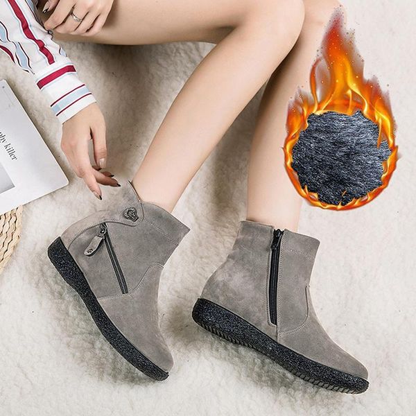 

boots women ankle solid zipper casual female shoes comfortable plush snow plus size winter woman botas mujer, Black