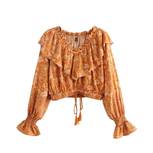 

women's blouses & bohemian blouse women summer spring long sleeve ruffles floral print caramel vacation crop boho beach holida, White