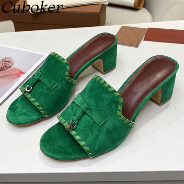 

summer women slippers peep toe kid-suede chunky heels lock decor ladies mules brand runway slides sandalias mujer 60% off store online, Black