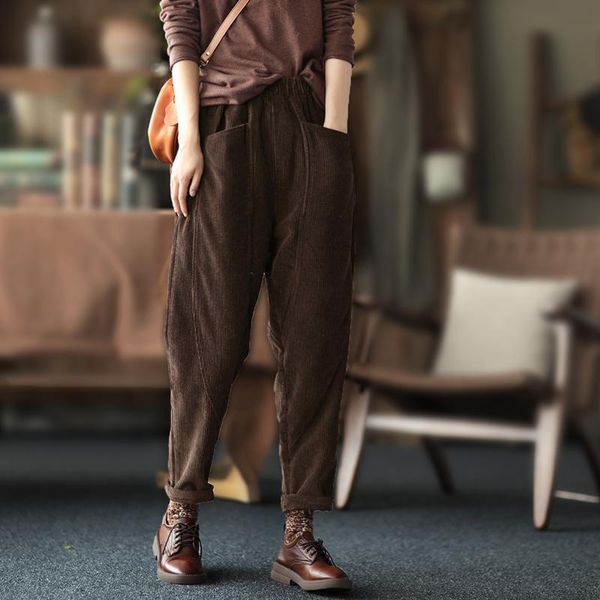 

retro corduroy pants autumn winter women trousers 2021 female elastic waist pocket casual vintage women's & capris, Black;white