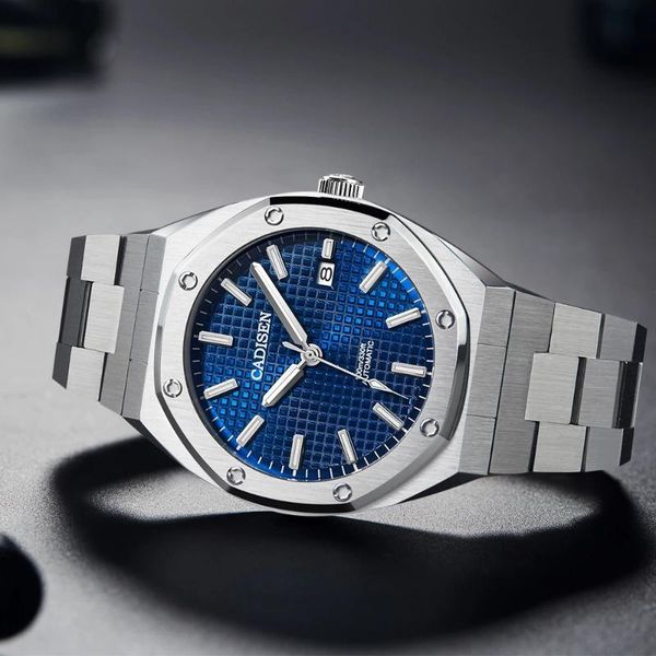 

wristwatches cadisen 42mm men watches mechanical automatic nh35a blue watch 100m waterproof casual business wristwatch, Slivery;brown