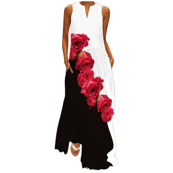 

casual dresses 62# women dress sleeveless rose print plus size v-neck beach maxi summer party cami long with pockets robe femme, Black;gray