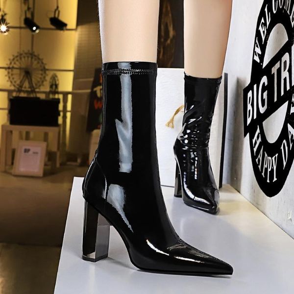 

european and american fashion bright side patent leather pointed head lose weight women's booties 3128-13 boots, Black