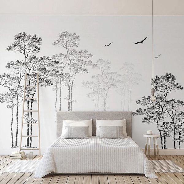

wallpapers custom mural wallpaper 3d black and white sketch abstract tree flying birds po wall painting living room waterproof stickers