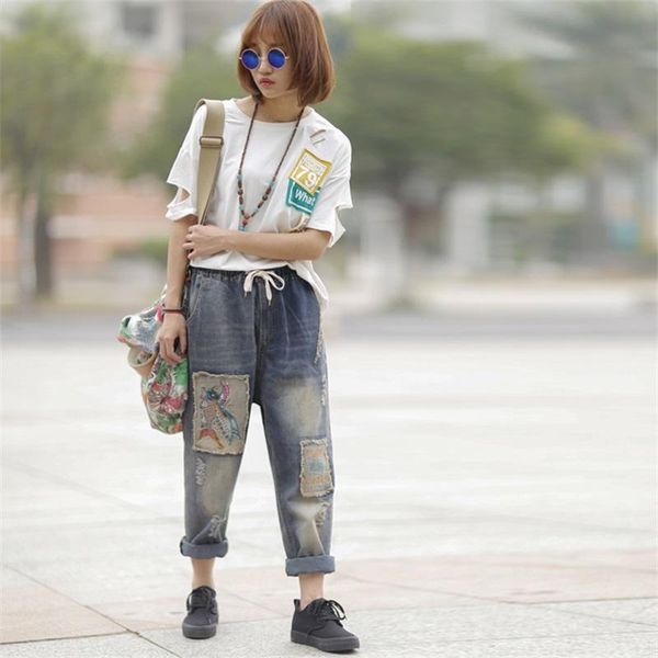 

women's jeans ethnic wind patch large size female casual elastic waist denim harem pants, Blue