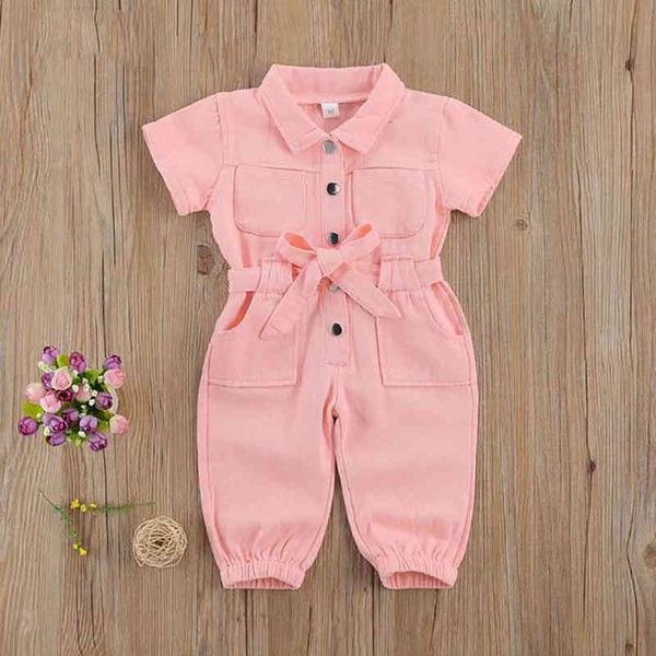 

summer girls pink short-sleeve denim jumpsuit belt siamese trousers fashion leggings pants lapel kids children's clothes 210515, White