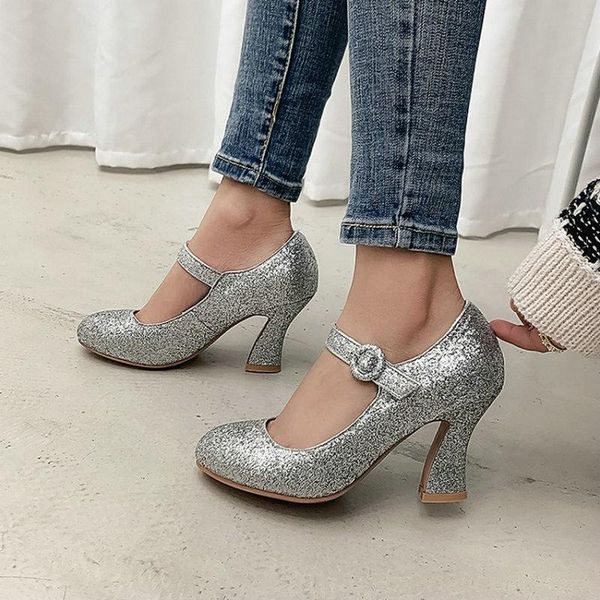 

dress shoes sianie tianie glitter bling gold princess round toe thick high heels buckle strap women wedding mary janes pumps, Black