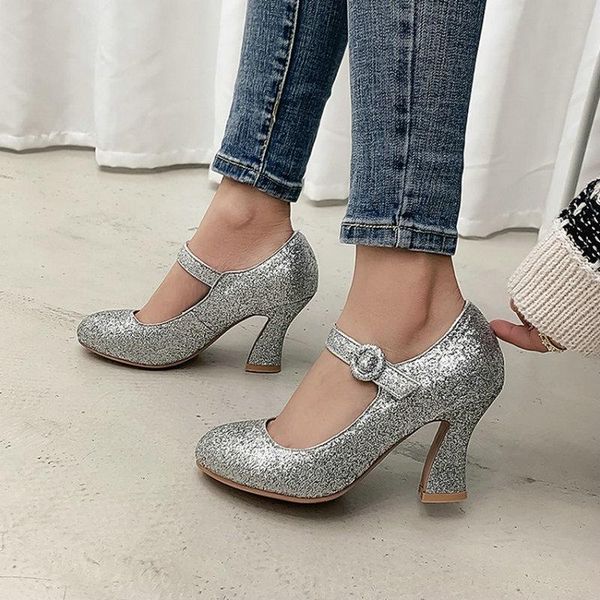 Kleidschuhe Sianie Tianie Glitter Bling Gold Prinzessin Runde Zehe Dicke High Heels Schnalle Riemen Frauen Hochzeit Mary Janes Pumps