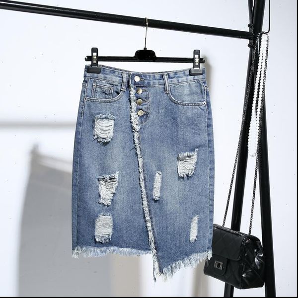 

hole irregular womens skirt denim female summer fashion casual large size loose bag hip high waist a word, Black
