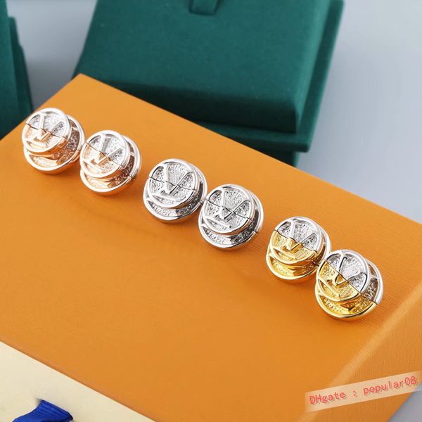 

europe america style jewelry sets lady women engraved v initials l to v double color gold coin stud earrings m69664, Golden;silver