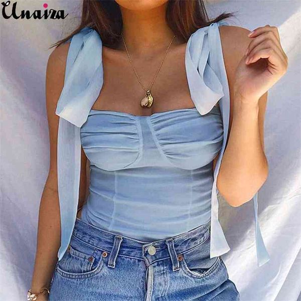 

unaiza female vest bow shoulder strap women solid color strapless bottoming shirt lace-up collar chiffon 210522, White