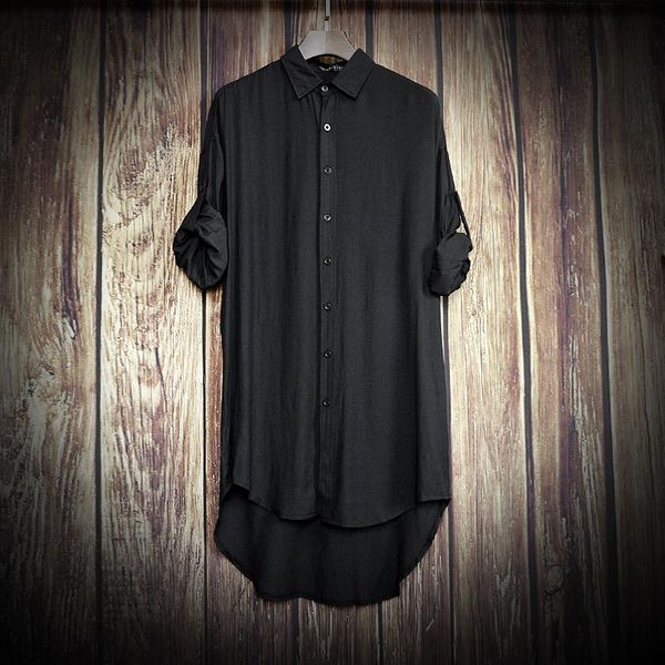 

men's casual shirts spring summer male loose long shirt sun protection men solid color cotton linen long-sleeved swallowtail couple, White;black