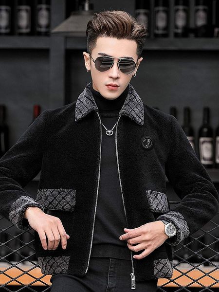 

men's leather & faux cashmere coat mens lapel print tide composite fur clothing jacket, Black