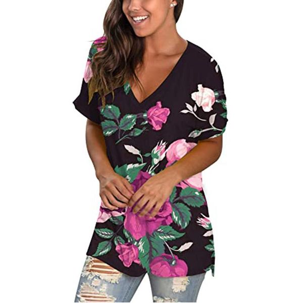

fashion women v-neck floral print short sleeve casual pullover t-shirt v neck loose tshirt 2021 summer tee women's, White