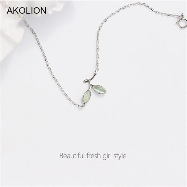 

cuff akolion silver opal bracelets 925 leaf buds charm for women lady girl party gift fashion jewelr, White