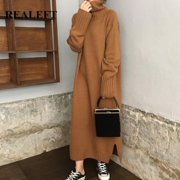 

casual dresses realeft winter women's warm turtleneck sweater knitted long sleeve loose korean style, Black;gray