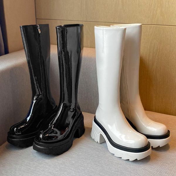 

boots luxury platform women knee-high fashion concise casual thick heels round toe patent leather zip shoes woman autumn winter, Black